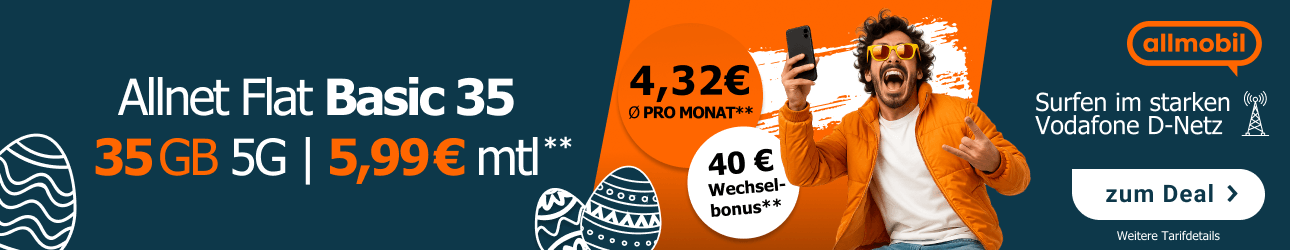 Allnet Flat Basic 35 GB - f�r 5,99 Euro im Monat (Eff. 4,32 pro Monat).