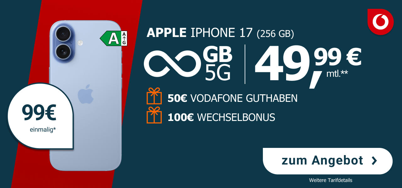 Apple iPhone 17 mit 256GB Speicher. Angebot mit unbegrenztem Datenvolumen im Vodafone DNetz f�r 49,99� pro Monat und 99� einmalig. Inklusive 50� Vodafone-Guthaben und 100� Wechselbonus.