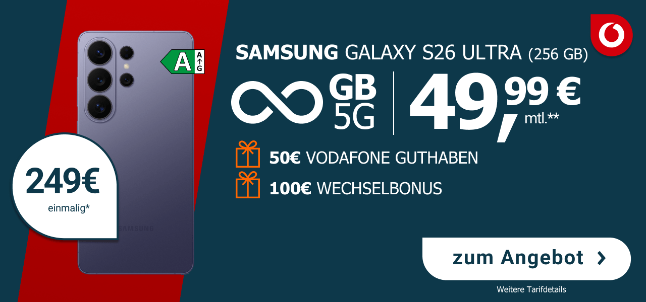 Samsung Galaxy S26 Ultra mit 256GB Speicher. Angebot mit unbegrenztem Datenvolumen im Vodafone DNetz f�r 49,99� pro Monat und 249� einmalig. Inklusive 50� Vodafone-Guthaben und 100� Wechselbonus.