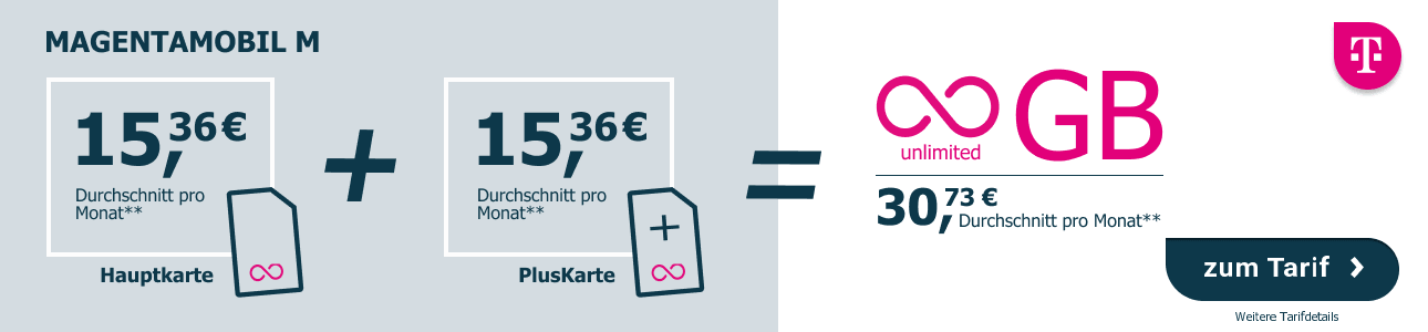 Telekom Magenta Mobil M inklusive PlusKarte f�r durchschnittlich 30,73 Euro im Monat.
