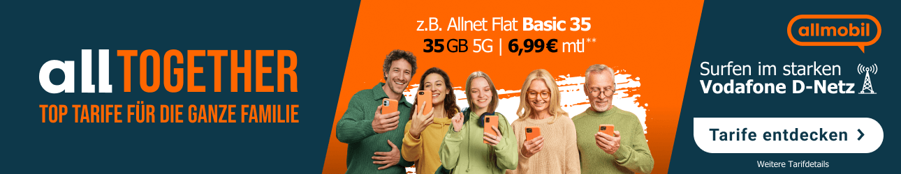 alltogether mit allmobil, Allnet Flat Basic 35 GB - f�r 6,99 Euro im Monat.