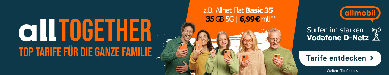 alltogether mit allmobil, Allnet Flat Basic 35 GB - f�r 6,99 Euro im Monat.