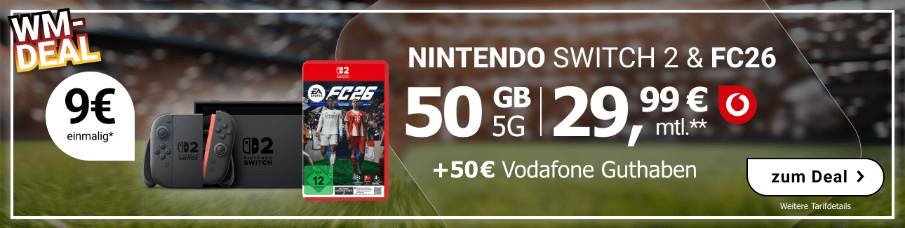 Nintendo Switch 2 mit EA Sports FC26, 50 GB 5G-Tarif f�r 29,99 � monatlich und 50 � Vodafone-Guthaben.