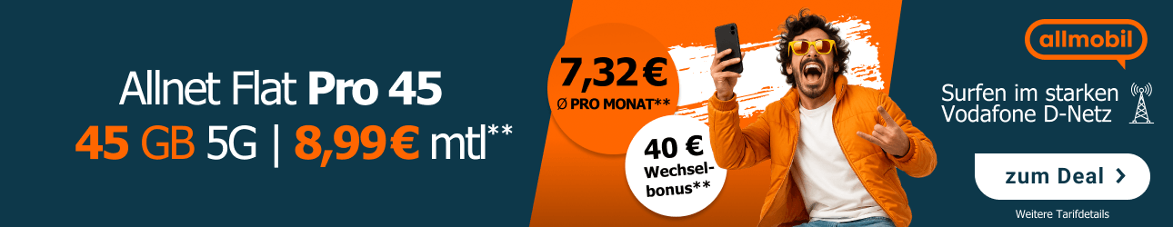 Allnet Flat Basic 45 GB - f�r 8,99 Euro im Monat (Effektiv f�r: 7,32�)