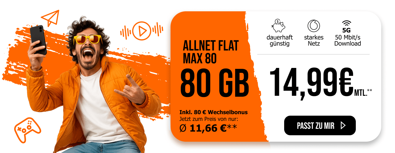 allmobil Allnet Flat Max 80 mit 80 GB f�r 14,99 Euro im Monat und 80 � Wechselbonus.