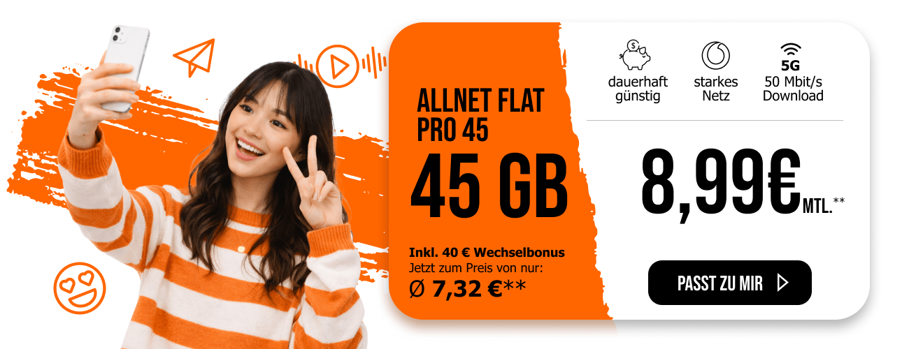 allmobil Allnet Flat Pro 45 mit 45 Gigabyte f�r nur 8,99� im Monat und 40 � Wechselbonus.