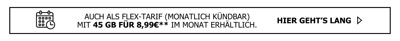 Sichere Dir den Allmobil Allnet Flat Pro 45 Tarif in der Flex-Variante. Monatlich k�ndbare 45 Gigabyte f�r nur 8,99�