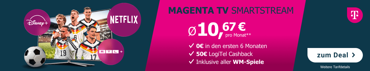Alle Spiele der Fu�ball-Weltmeisterschaft sehen und kein Tor verpassen � mit MagentaTV SmartStream schon f�r durchschnittlich 10,67 � im Monat, inklusive 50 � LogiTel Cashback!  