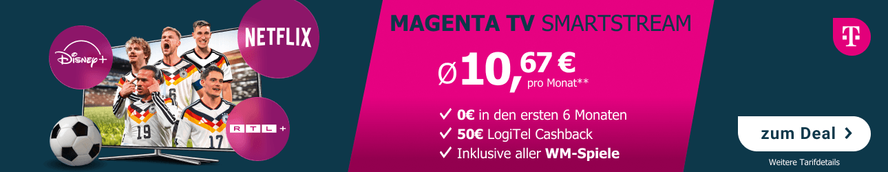 Alle Spiele der Fu�ball-Weltmeisterschaft sehen und kein Tor verpassen � mit MagentaTV SmartStream schon f�r durchschnittlich 10,67 � im Monat, inklusive 50 � LogiTel Cashback!  