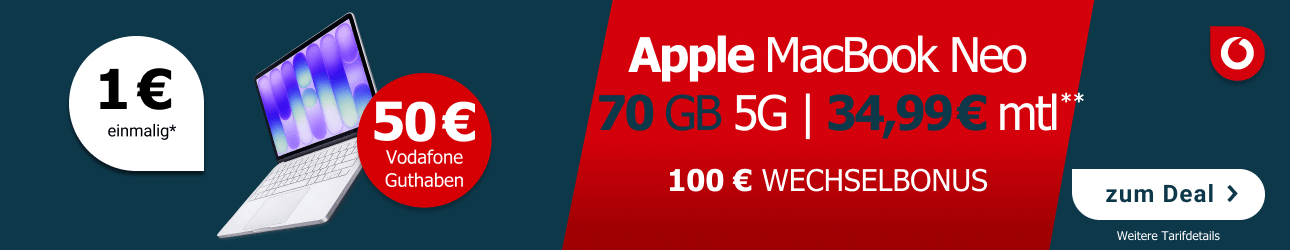70 GB 5G im Vodafone Netz f�r 34,99� mtl und einem Apple MacBook Neo f�r einmal 1� +100� Wechselbonus +50 Vodafone Guthaben.
