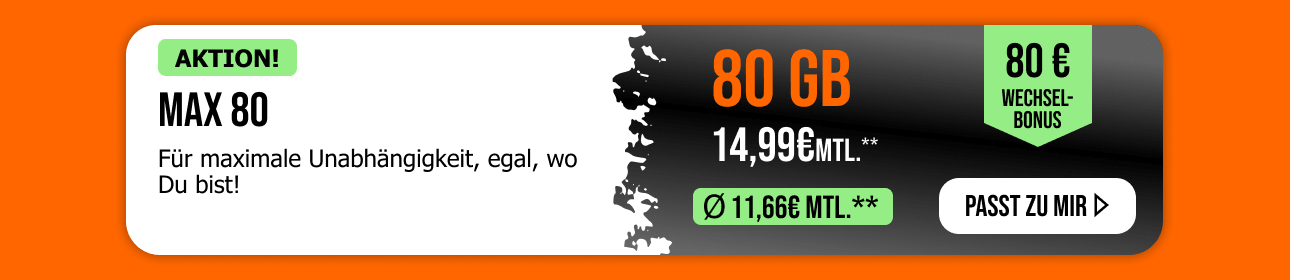 allmobil Allnet Flat Max 80 mit 80 GB f�r 14,99 Euro im Monat und 80 � Wechselbonus.