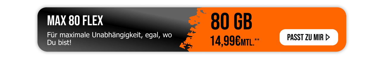 Sichere Dir den allmobil Allnet Flat Max 80 Tarif in der Flex-Variante. Monatlich k�ndbare 80 Gigabyte f�r nur 14,99�