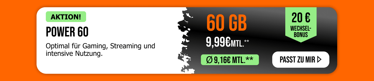 allmobil Allnet Flat Power 60 mit 60 GB f�r 9,99 Euro im Monat und 20 � Wechselbonus.