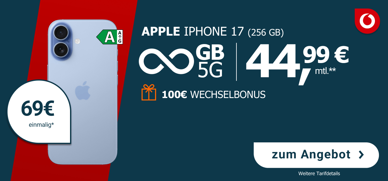 Apple iPhone 17 mit 256GB Speicher. Angebot mit unbegrenztem Datenvolumen im Vodafone DNetz f�r 44,99� pro Monat und 69� einmalig. Inklusive 50� Vodafone-Guthaben und 100� Wechselbonus.