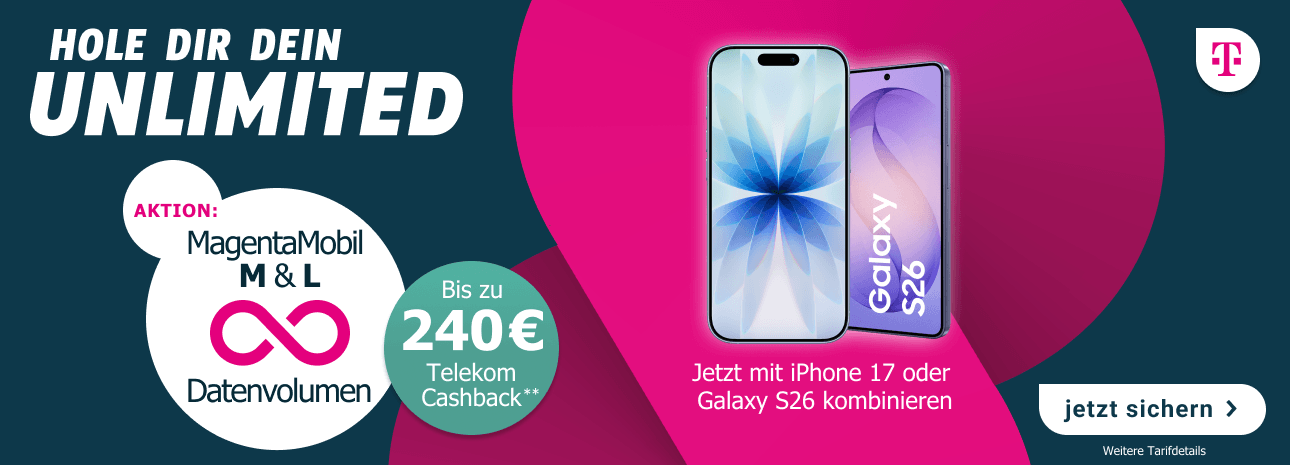 Jetzt unbegrenztem Datenvolumen auf den Magenta Mobil M & L +240 � Telekom Cashback. Top Deals z.B. mit dem iPhone 17 oder Samsung Galaxy S26.