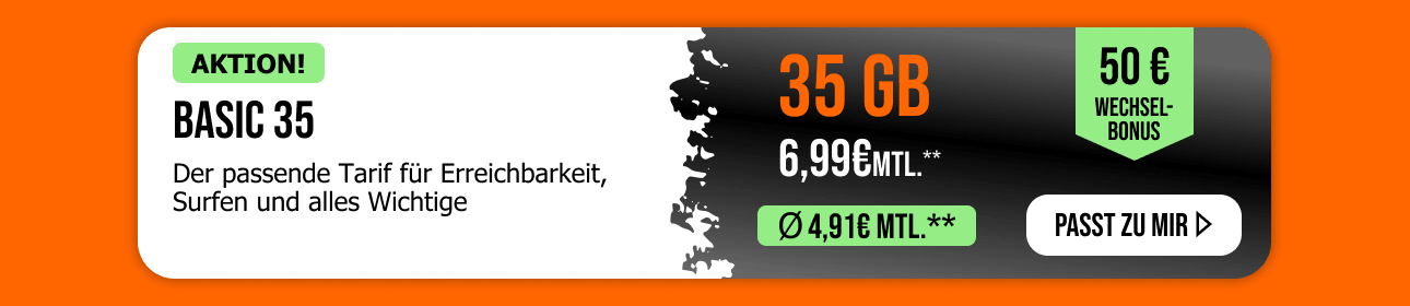allmobil Allnet Flat Basic 35 mit 35 Gigabyte f�r nur 6,99� im Monat und 50� Wechselbonus.