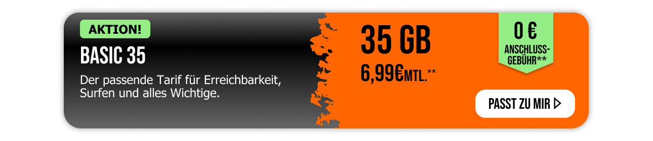 Sichere Dir den allmobil Allnet Flat Basic 35 Tarif in der Flex-Variante. Monatlich k�ndbare 35 Gigabyte f�r nur 6,99�
