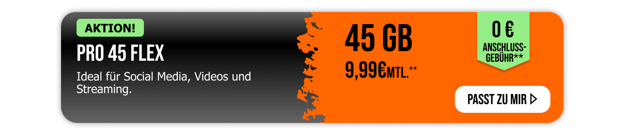 Sichere Dir den Allmobil Allnet Flat Pro 45 Tarif in der Flex-Variante. Monatlich k�ndbare 45 Gigabyte f�r nur 8,99�