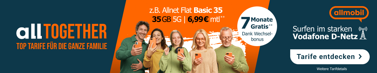 alltogether mit allmobil, Allnet Flat Basic 35 GB - f�r 6,99 Euro im Monat.  