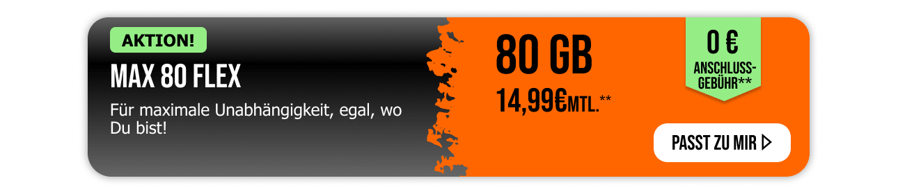 Sichere Dir den allmobil Allnet Flat Max 80 Tarif in der Flex-Variante. Monatlich k�ndbare 80 Gigabyte f�r nur 14,99�