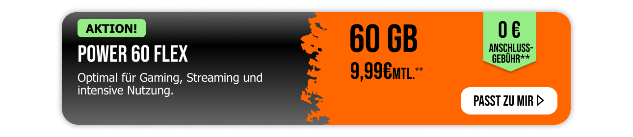 Sichere Dir den allmobil Allnet Flat Power 60 Tarif in der Flex-Variante. Monatlich k�ndbare 60 Gigabyte f�r nur 9,99�