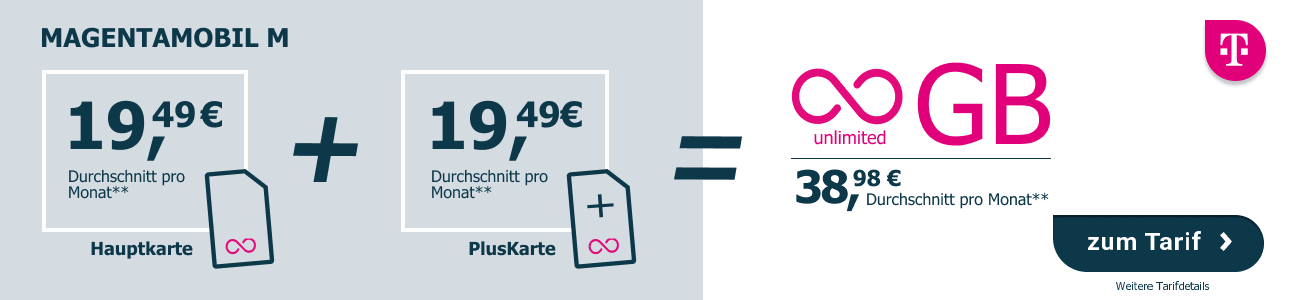 Telekom Magenta Mobil M inklusive PlusKarte f�r durchschnittlich 38,98 Euro im Monat.