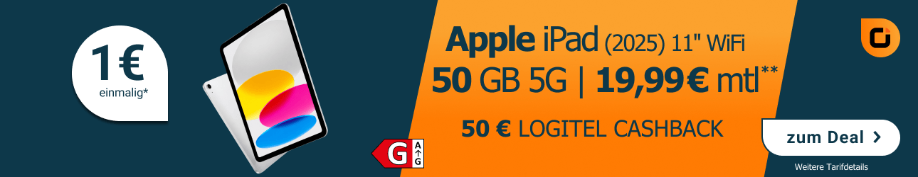 50 GB 5G von Otelo f�r 19,99� mtl und einem Apple iPad (2025) 11' WiFi f�r einmal 1� +50� LogiTel Cashback.