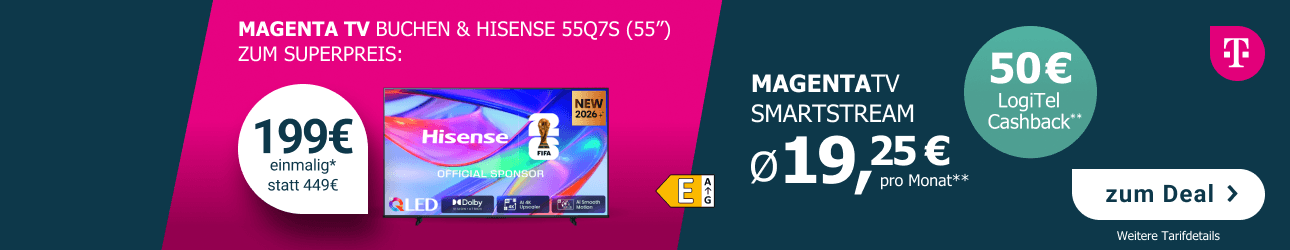 MagentaTV SmartStream ab durchschnittlich 19,25 � pro Monat inklusive Hisense 55Q7S (55 Zoll) f�r 199 � statt 449 �.