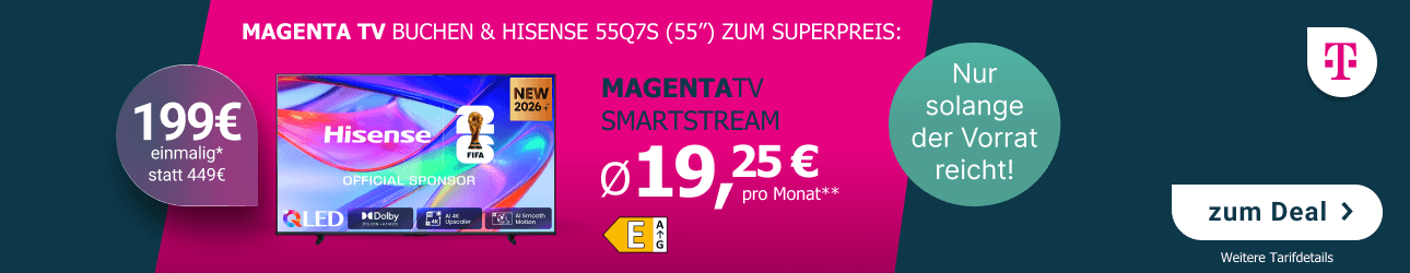 MagentaTV SmartStream ab durchschnittlich 19,25 € pro Monat inklusive Hisense 55Q7S (55 Zoll) für 199 € statt 449 € sowie 50 € LogiTel Cashback. Nur solange der Vorrat reicht.