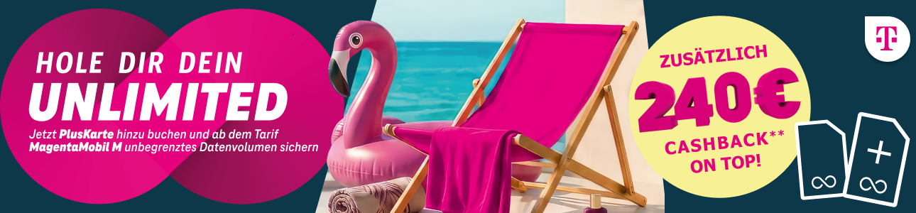 Hol Dir jetzt Deinen MagentaMobil Tarif im besten 5G-Netz Jetzt für kurze Zeit 240 € Cashback auf alle MagentaMobil Tarife von XS bis XL sichern. Mit einer PlusKarte surfst Du außerdem bereits ab MagentaMobil M mit unbegrenztem Datenvolumen.