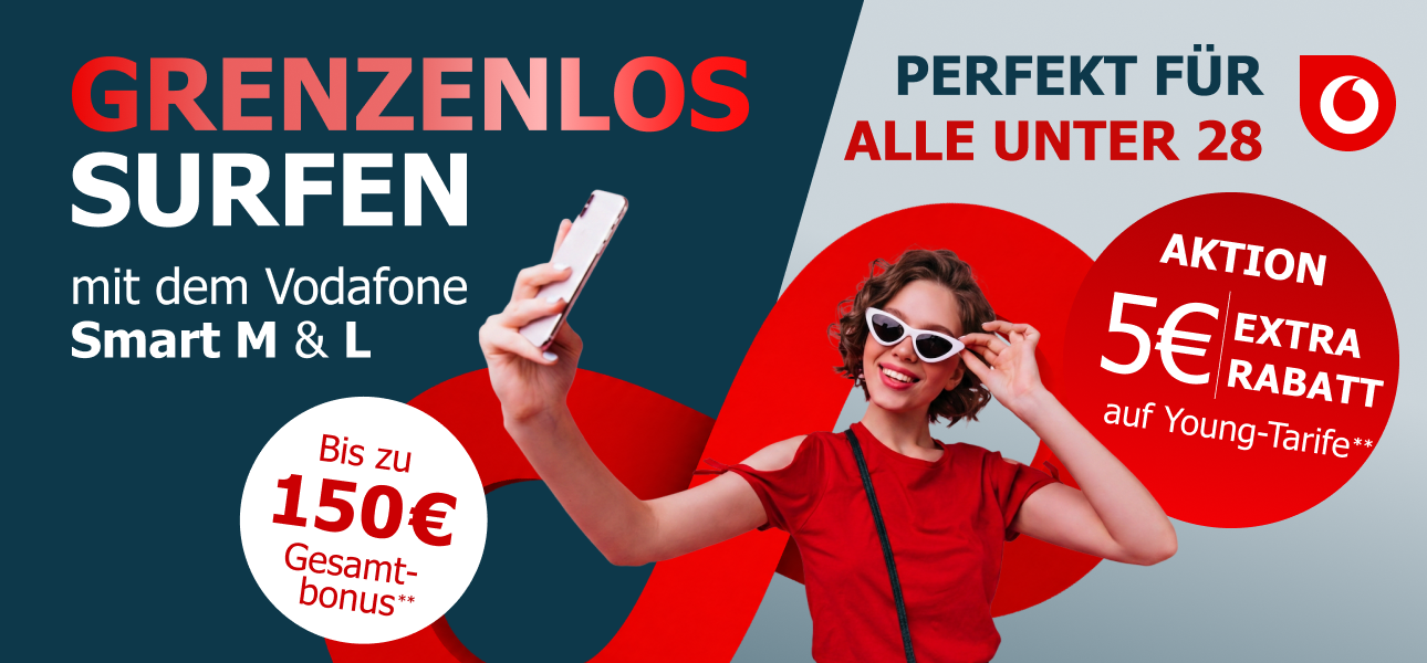 Unbegrenzte Daten im Vodafone Netzt auf den Smart M & L, mit bis zu 150€ gesamt Bonus! 
