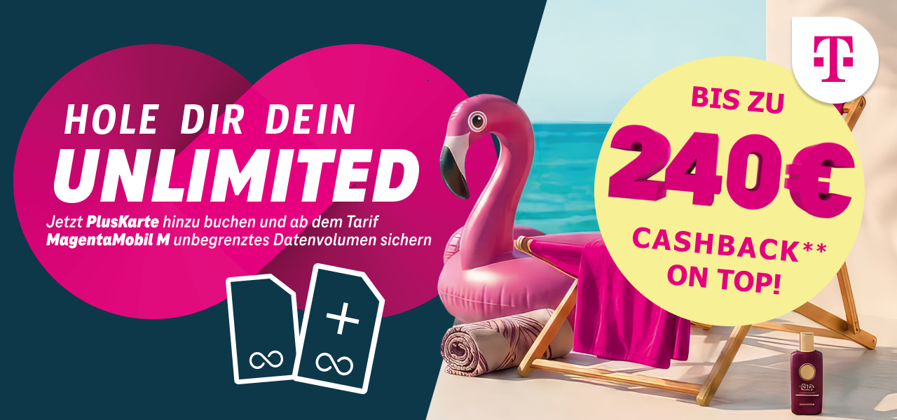 Hol Dir jetzt Deinen MagentaMobil Tarif im besten 5G-Netz Jetzt für kurze Zeit bis zu 240 € Cashback auf MagentaMobil Tarife sichern. Mit einer PlusKarte surfst Du außerdem bereits ab MagentaMobil M mit unbegrenztem Datenvolumen.