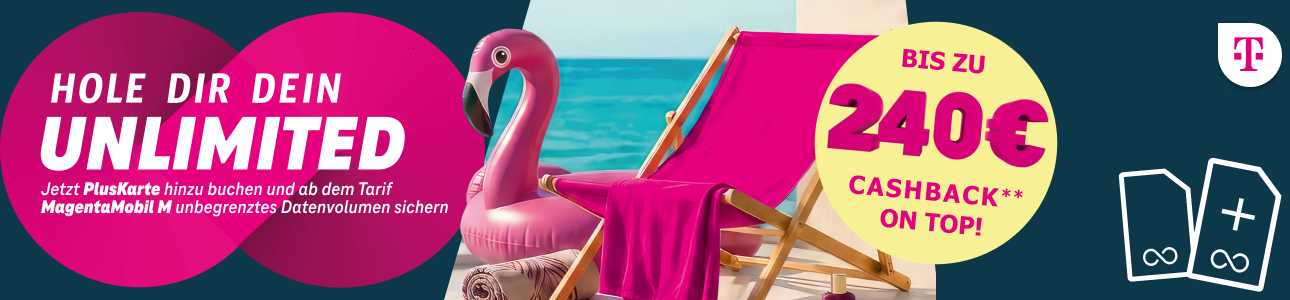Hol Dir jetzt Deinen MagentaMobil Tarif im besten 5G-Netz Jetzt für kurze Zeit bis zu 240 € Cashback auf MagentaMobil Tarife sichern. Mit einer PlusKarte surfst Du außerdem bereits ab MagentaMobil M mit unbegrenztem Datenvolumen.