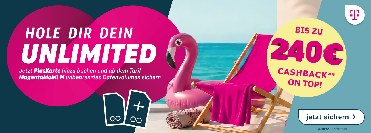 Hol Dir jetzt Deinen MagentaMobil Tarif im besten 5G-Netz! Jetzt für kurze Zeit bis zu 240 € Cashback auf MagentaMobil Tarife sichern. Mit einer PlusKarte surfst Du außerdem bereits ab MagentaMobil M mit unbegrenztem Datenvolumen.
