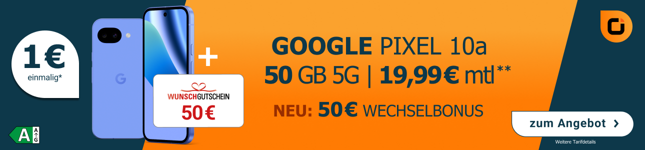 Google Pixel 10a 5G mit 128 GB und Otelo Allnet-Flat Classic mit 50 GB 5G-Datenvolumen, 50 € Wechselbonus und 50 € Wunschgutschein.  