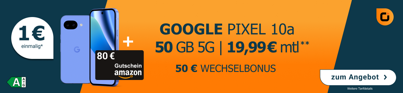 Sichere Dir das Google Pixel 10a mit 50 GB Datenvolumen von Otelo für nur 19,99 € im Monat. On top bekommst Du 50 € Wechselbonus und einen 80 € Amazon-Gutschein