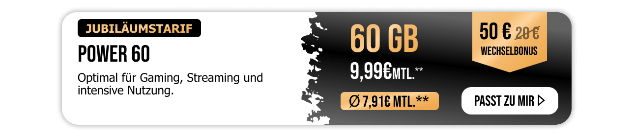 allmobil Allnet Flat Power 60 mit 60 GB für 9,99 Euro im Monat und 50 € statt 20 € Wechselbonus.
