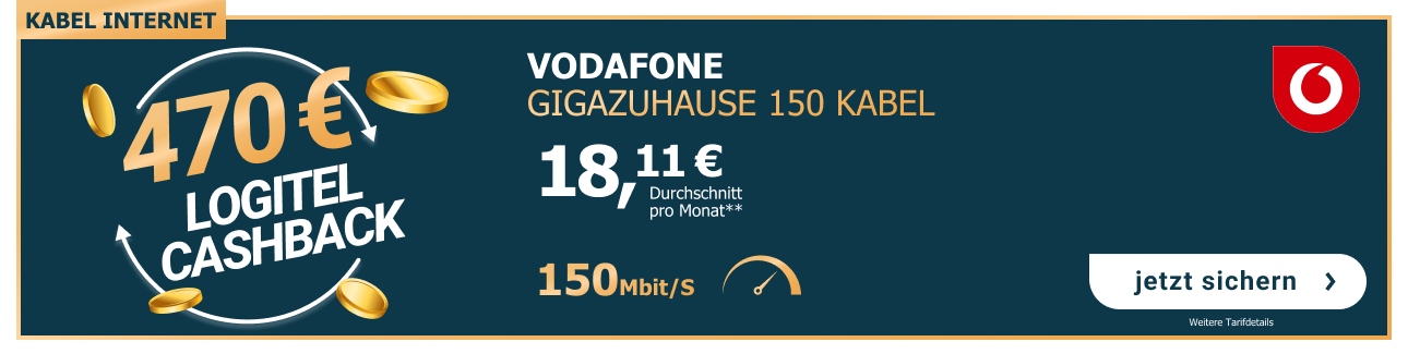 Vodafone GigaZuhause 150 Kabel für durchschnittlich 18,11 € im Monat.