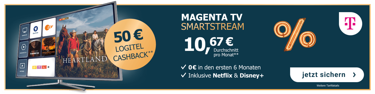Magenta TV SmartStream der Telekom für durchschnittlich 10,67 Euro pro Monat, 0 Euro in den ersten 6 Monaten, inklusive Netflix und Disney+ sowie 50 Euro LogiTel Cashback.