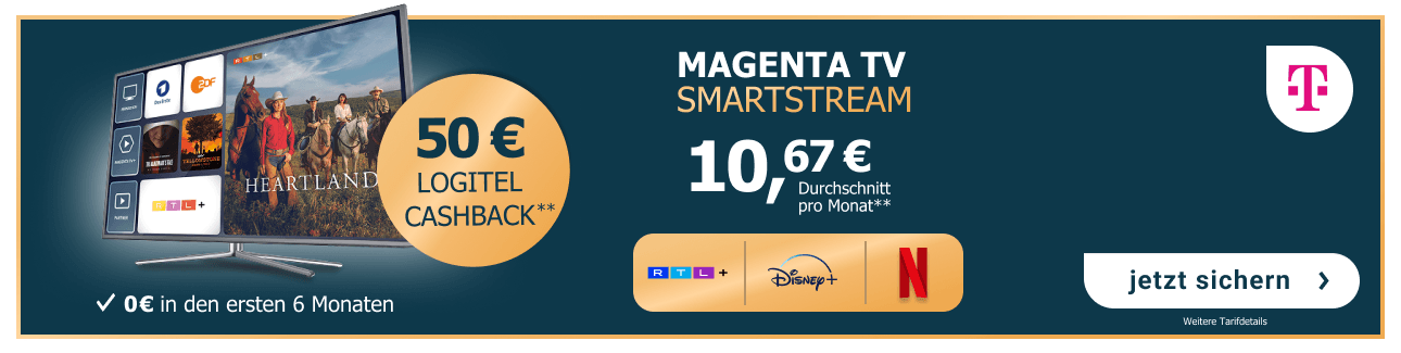 Magenta TV SmartStream der Telekom für durchschnittlich 10,67 Euro pro Monat, 0 Euro in den ersten 6 Monaten, inklusive Netflix und Disney+ sowie 50 Euro LogiTel Cashback.
