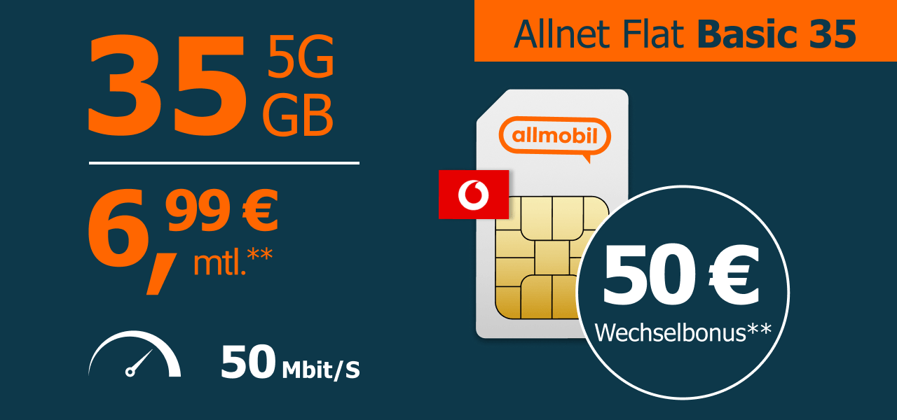 Jubiläumstarif Allnet Flat Basic 35 GB - für 6,99 Euro im Monat