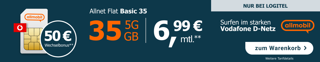Nur bei LogiTel: allmobil Allnet-Flat Basic 35 mit 35 GB für nur 6,99 € monatlich – plus 50 € Wechselbonus obendrauf!
