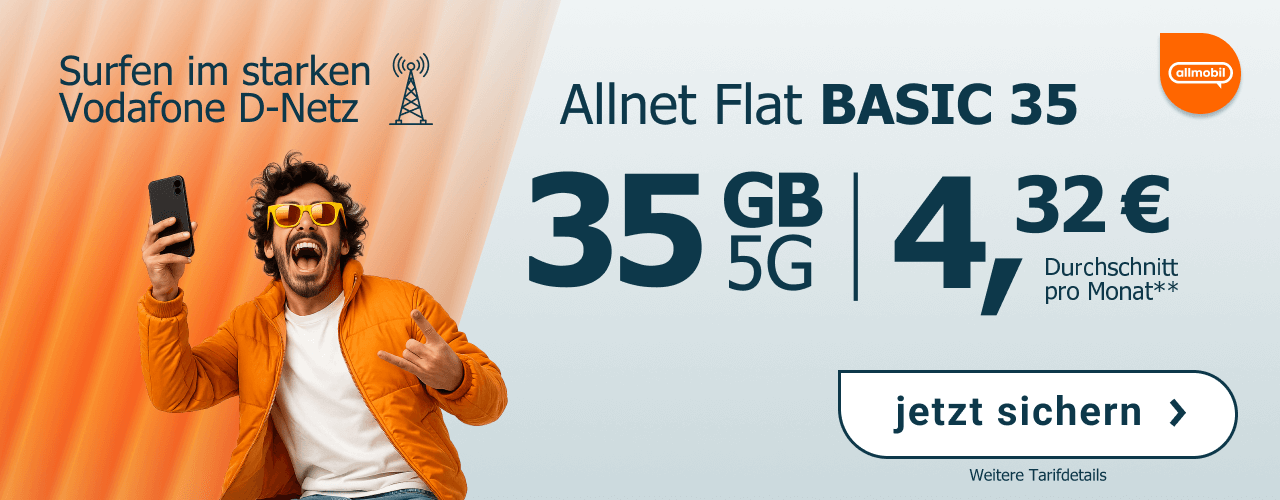 Allnet Flat Basic 35 GB - f�r effektiv 4,32Euro im Monat (Durchschnitt pro Monat)
