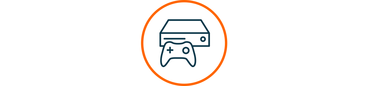 Symbol eines Gaming-Controllers in einem orangefarbenen Kreis  Das Bild zeigt ein stilisiertes Icon eines Gamepads mit Steuerkreuz und Tasten in blauer Linienfhrung, eingefasst von einem dnnen orangefarbenen Kreis auf weiem Hintergrund