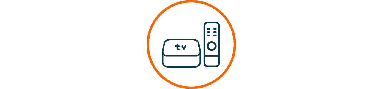  Symbol einer TV-Streaming-Box mit Fernbedienung in einem orangefarbenen Kreis  Das Bild zeigt ein stilisiertes Icon einer TV-Box mit tv-Beschriftung sowie einer daneben stehenden Fernbedienung, dargestellt in blauer Linienfhrung, umgeben von einem dnnen orangefarbenen Kreis auf weiem Hintergrund