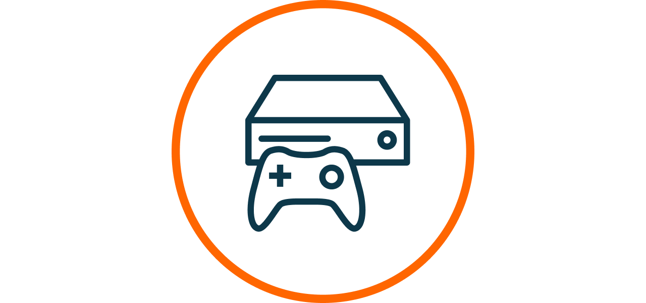 Symbol eines Gaming-Controllers in einem orangefarbenen Kreis  Das Bild zeigt ein stilisiertes Icon eines Gamepads mit Steuerkreuz und Tasten in blauer Linienfhrung, eingefasst von einem dnnen orangefarbenen Kreis auf weiem Hintergrund