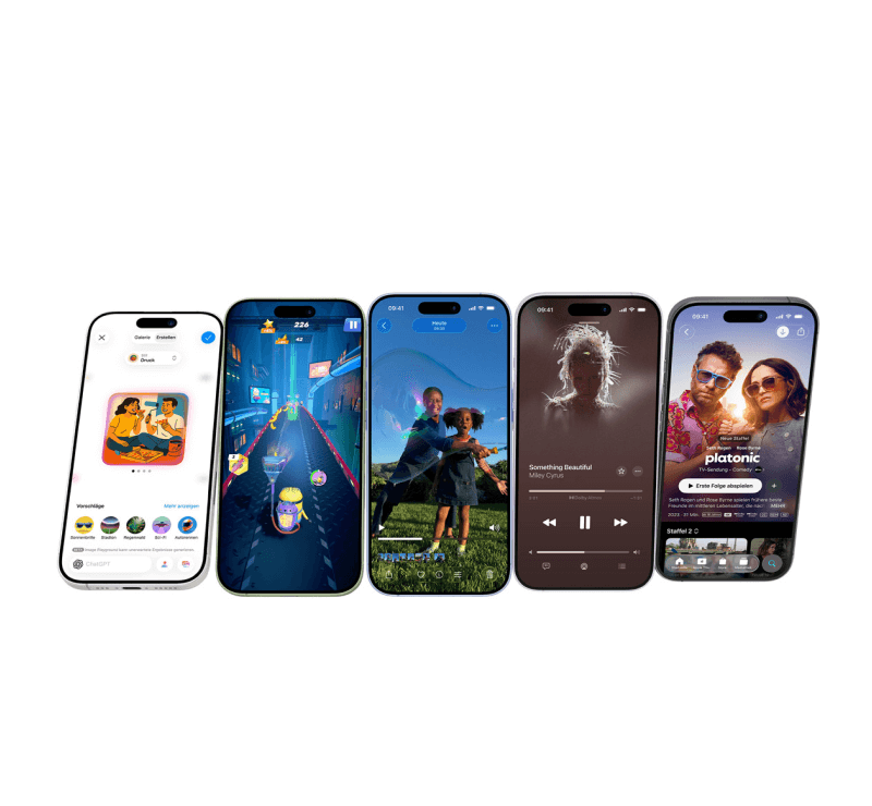 Fünf iPhones nebeneinander, die verschiedene Anwendungen zeigen: App-Store-Empfehlungen, ein Rennspiel, eine Foto-App, Musikplayer und eine Streaming-App.