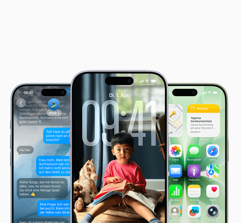 Drei iPhones 17 nebeneinander: links eine Chat-Unterhaltung, in der Mitte der Sperrbildschirm mit einem Kind und groß eingeblendeter Uhrzeit, rechts die App-Übersicht mit bunten Icons.