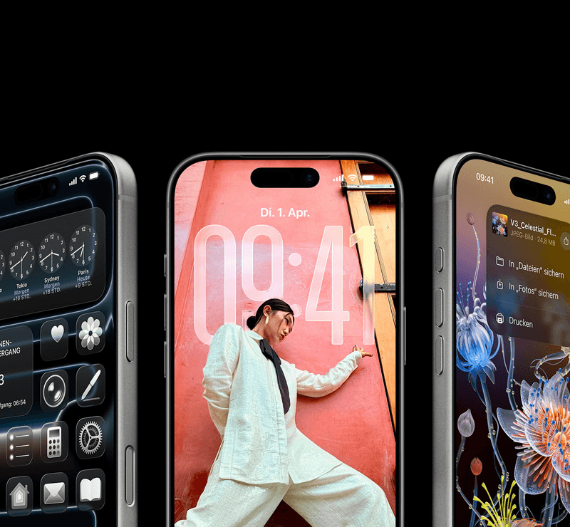 Drei iPhone 17 Pro Geräte nebeneinander, die den Sperrbildschirm, das Widget-Menü und eine geöffnete App zeigen.