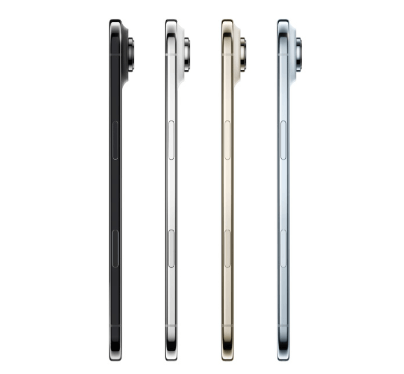 Vier iPhones 17 Air in der Seitenansicht nebeneinander in Schwarz, Silber, Gold und Blau.